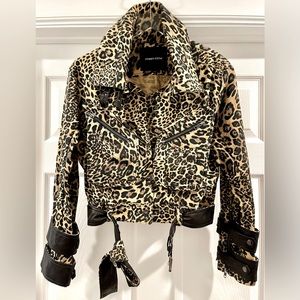 JONNY COTA Denim and Leather Belted Moto Jacket in Leopard